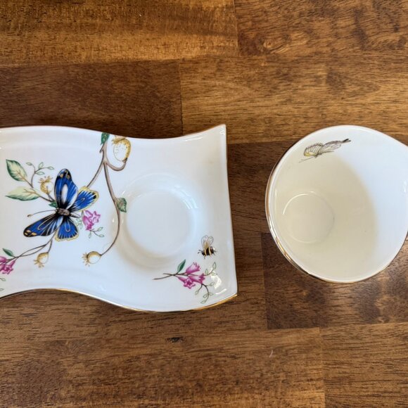 Adeline Butterfly Tea Cup‎ Snack Plate Floral Blue Gold Trim England Design - Picture 6 of 7